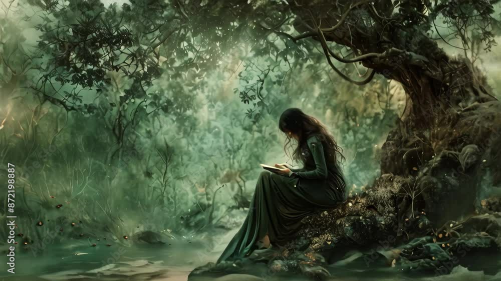 A woman seated under a tree, engrossed in reading a book, Enigmatic source of inspiration for poets and artists A woman seated under a tree, engrossed in reading a book, Enigmatic source of inspiration for poets and artists