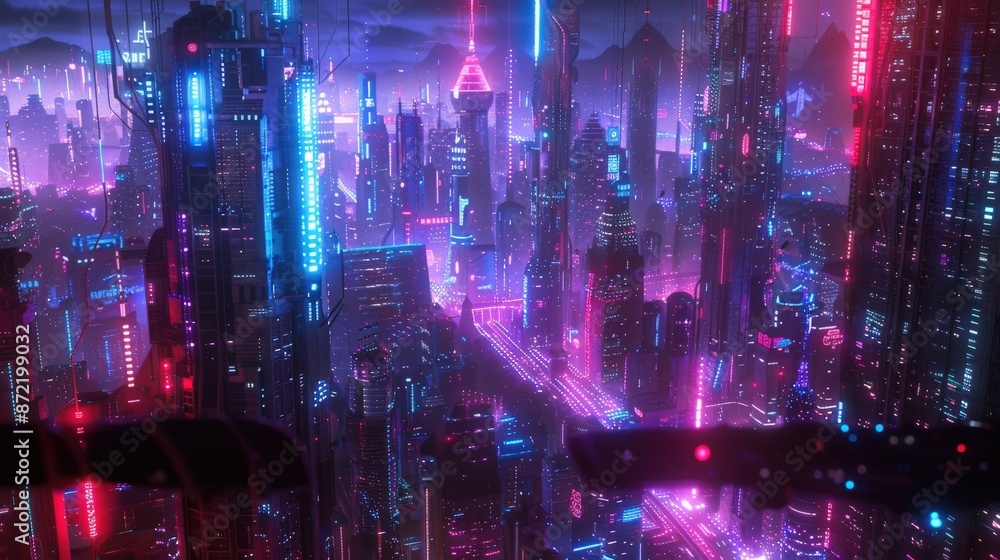 Futuristic city with neon lights and holographic elements Futuristic city with neon lights and holographic elements