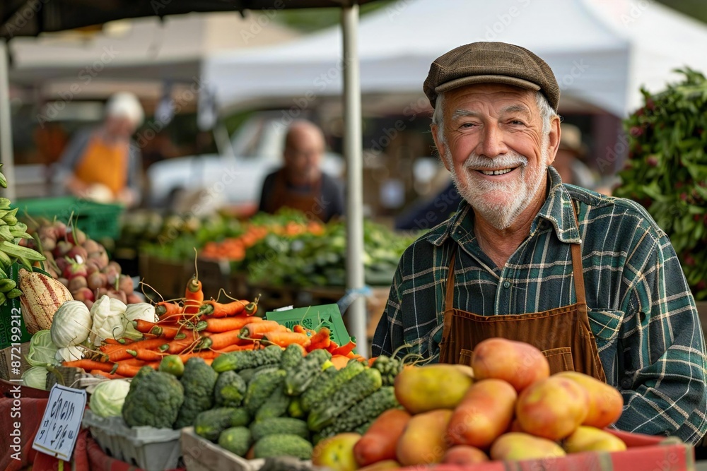 Wide shot of diverse senior male Caucasian farmers selling fresh produce at local farmers market. Wide shot of diverse senior male Caucasian farmers selling fresh produce at local farmers market.