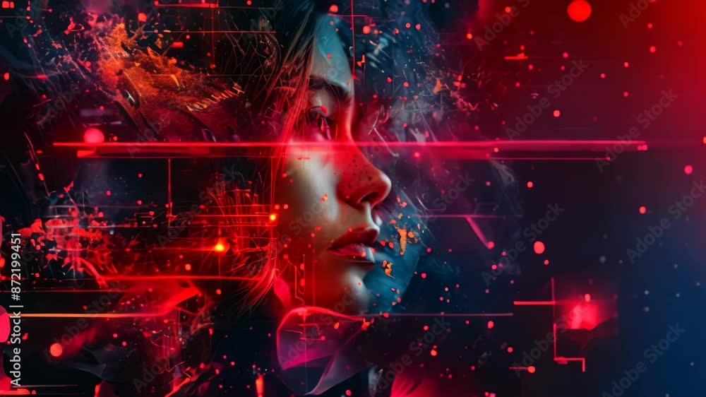 A womans face set against a futuristic background, showcasing technology and innovation, Envision the safeguarding of digital assets through artistic expression A womans face set against a futuristic background, showcasing technology and innovation, Envision the safeguarding of digital assets through artistic expression