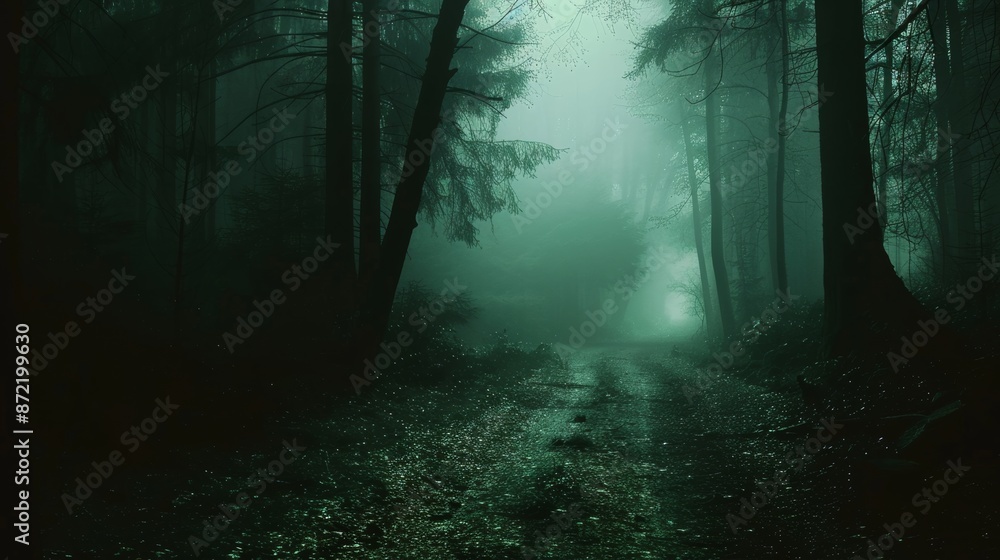 Dark forest path shrouded in fog, eerie light casting long shadows, haunting vibe Dark forest path shrouded in fog, eerie light casting long shadows, haunting vibe