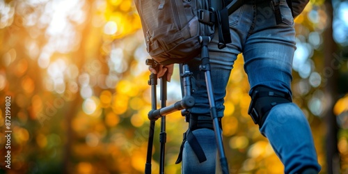 Hiking with a Leg Brace in Autumnal Forest © YuDwi Studio