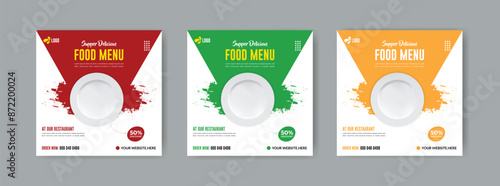 Fast food restaurant social media post or web banner template design.vector illustration with plate. Healthy burger and pizza online sale promotion flyer or poster.
