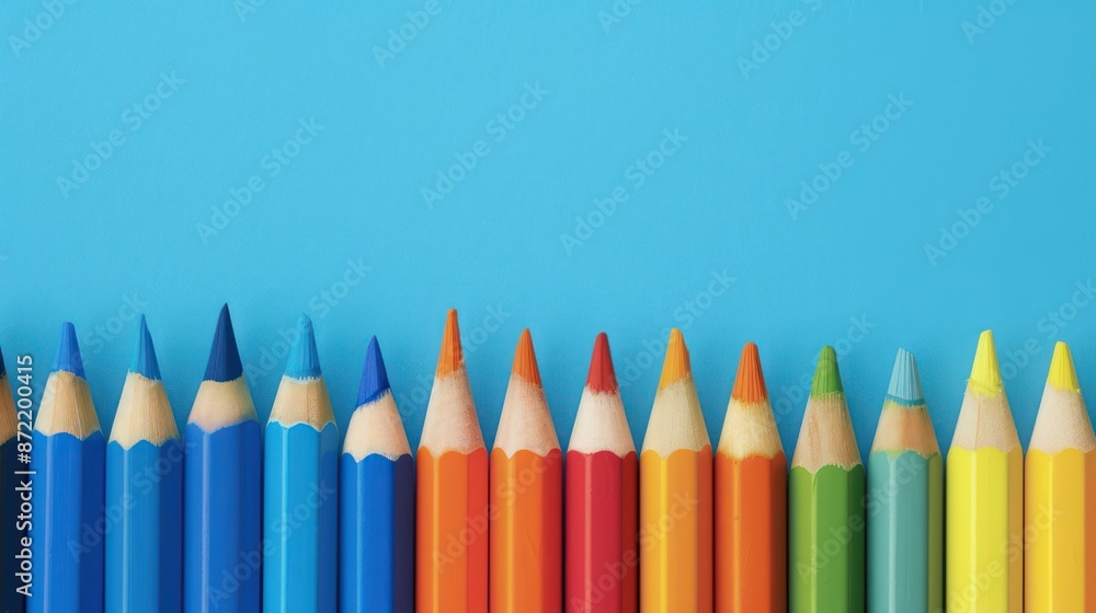 Array of colorful pencils sharply arranged on a blue background. Array of colorful pencils sharply arranged on a blue background.