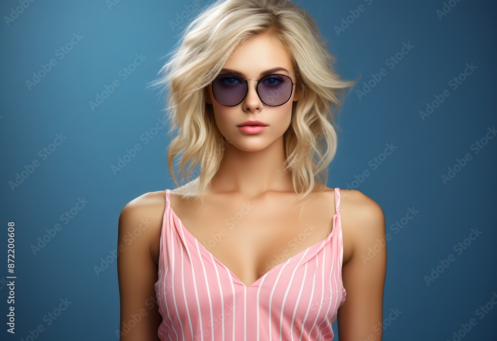 Stylish Woman in Dark Glasses, Red Lips, Charm Shirt - Studio Photo - AI Generated Stylish Woman in Dark Glasses, Red Lips, Charm Shirt - Studio Photo - AI Generated