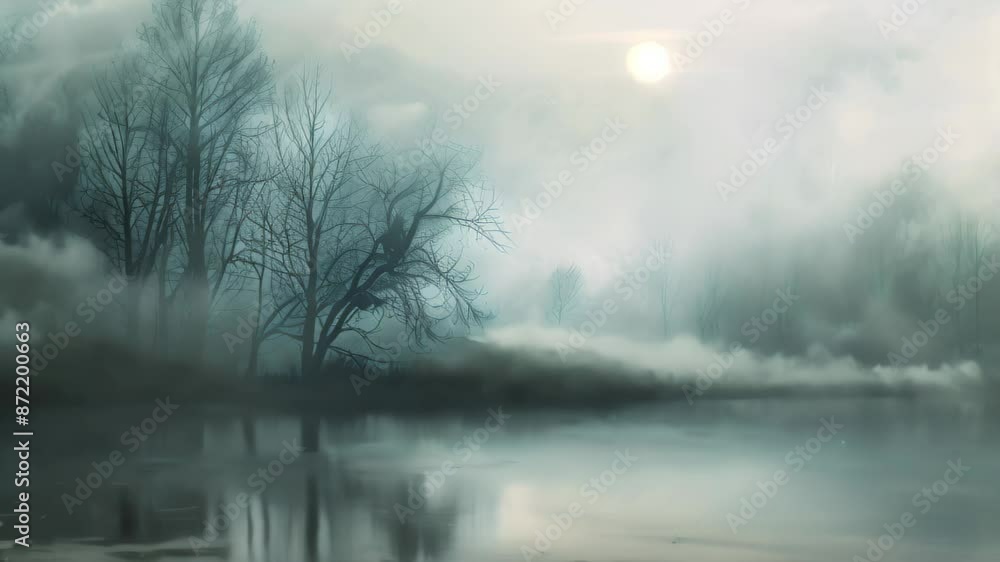 A painting showcasing a lake surrounded by trees shrouded in a misty fog, Ethereal wisps of misty blue enveloping the scene A painting showcasing a lake surrounded by trees shrouded in a misty fog, Ethereal wisps of misty blue enveloping the scene