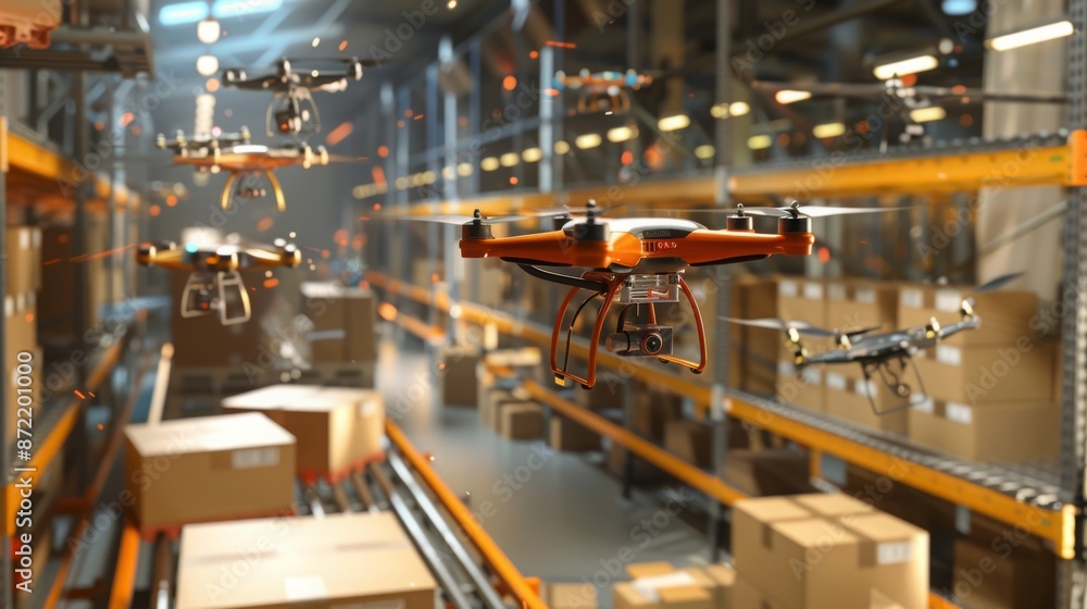 A drone flies through a warehouse, with other drones in the background. Boxes are stacked on shelves in the warehouse. A drone flies through a warehouse, with other drones in the background. Boxes are stacked on shelves in the warehouse.