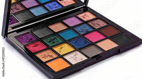 Eyeshadow palette with multiple compartments, vibrant shades, pro style makeup, diverse eye looks