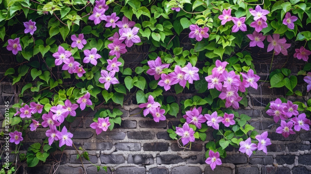 Clematis vibrant blooms climbing wall. Generative AI Clematis vibrant blooms climbing wall. Generative AI