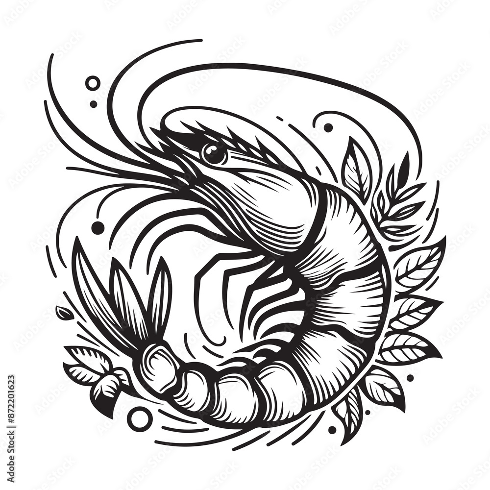New shrimp fish silhouette vector and logo style with white background and coloring book New shrimp fish silhouette vector and logo style with white background and coloring book