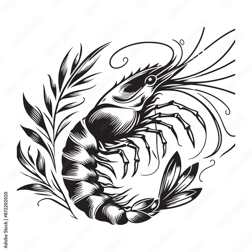 Obraz premium New shrimp fish silhouette vector and logo style with white background and coloring book 