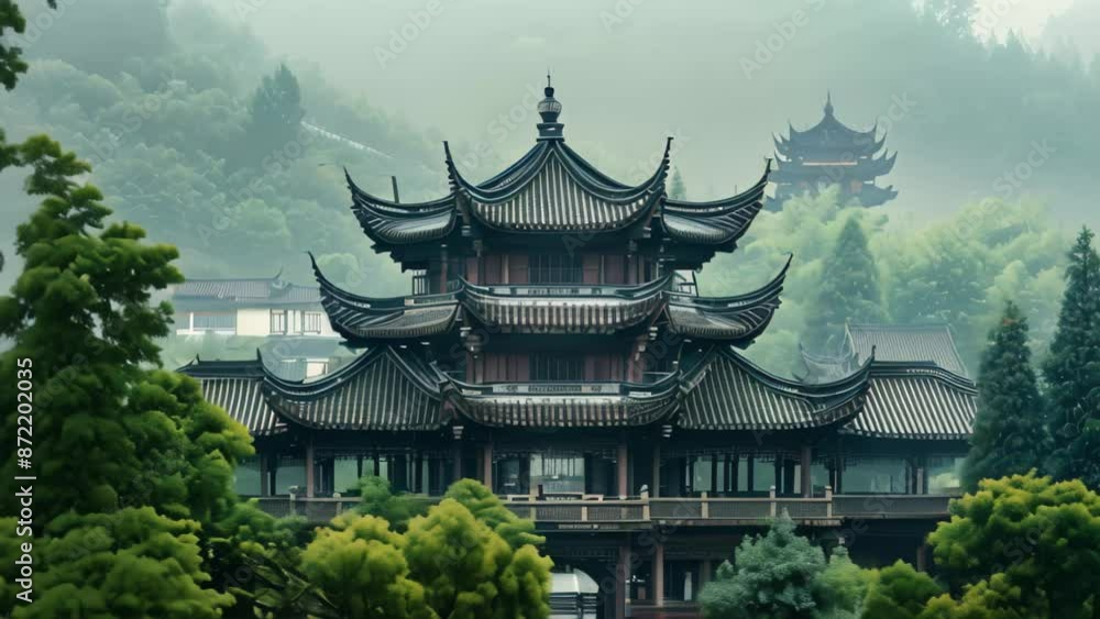 A Chinese pagoda stands tall on a foggy day, with mist enveloping the surroundings, Experiment with blending traditional Chinese architectural styles with Western influences A Chinese pagoda stands tall on a foggy day, with mist enveloping the surroundings, Experiment with blending traditional Chinese architectural styles with Western influences