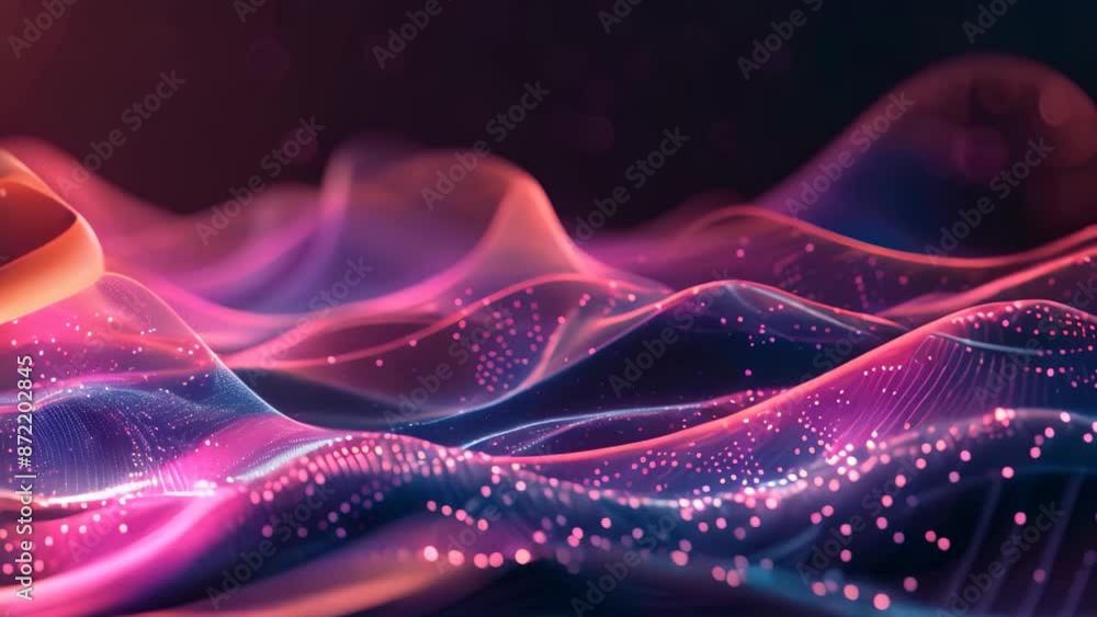 Pink and purple waves create dynamic patterns on a dark background, blending in a mesmerizing display, Experiment with transparency and opacity to mimic the shimmering effect of digital waves Pink and purple waves create dynamic patterns on a dark background, blending in a mesmerizing display, Experiment with transparency and opacity to mimic the shimmering effect of digital waves