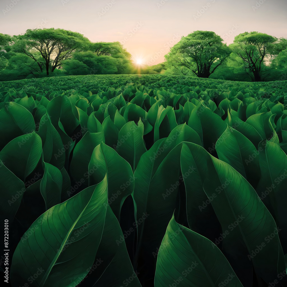 Obraz premium emerald color: High-res emerald field bathed in warm sunset light. Long shadows., background, wallpaper