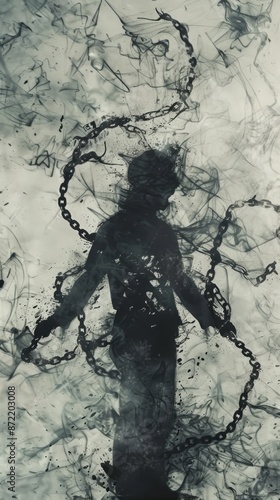 Silhouette of a Person Enveloped in Dark Smoke and Chains