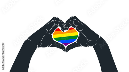 Hands making a heart shape with a rainbow flag