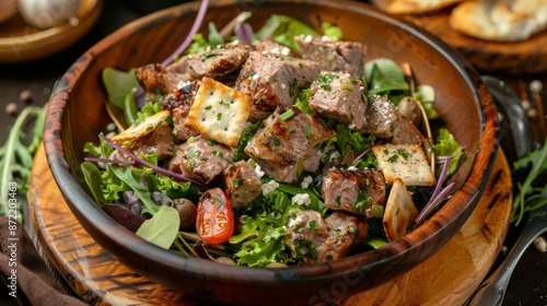 French cuisine. Chicken liver salad with garlic crackers. © lastfurianec