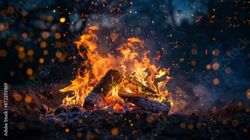 Close-up of a crackling campfire with bright flames against a dark night sky