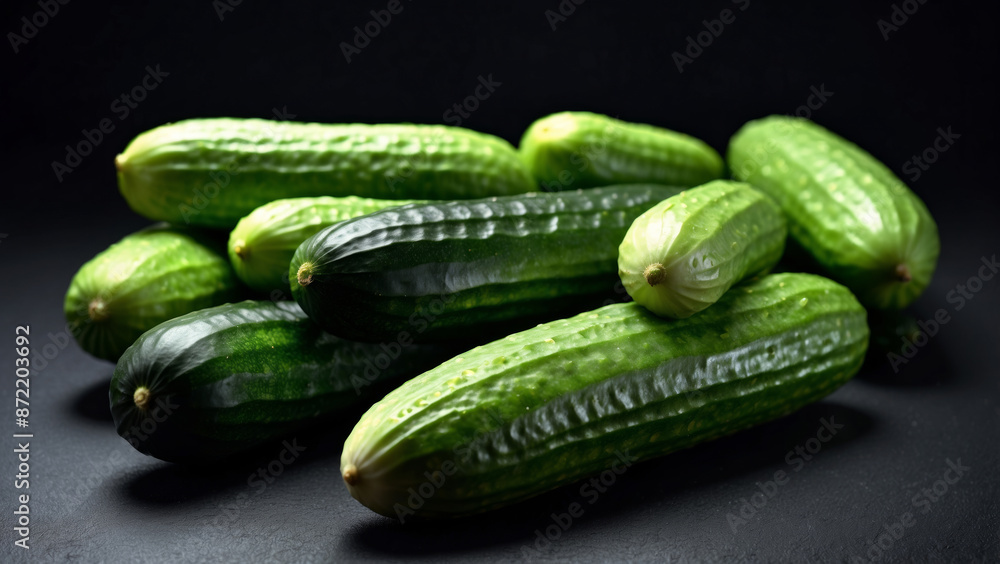 Green cucumbers neatly arranged on a dark matte surface, the cucumbers have a pronounced peel texture and natural green color, which emphasizes their freshness and natural origin Green cucumbers neatly arranged on a dark matte surface, the cucumbers have a pronounced peel texture and natural green color, which emphasizes their freshness and natural origin