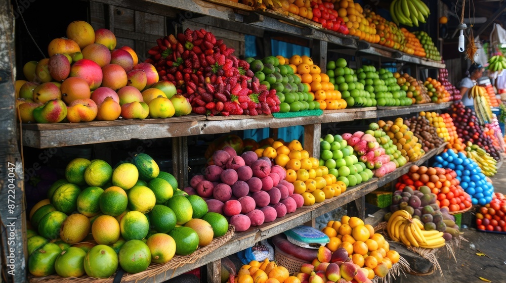 Fresh fruit market stand. Generative AI Fresh fruit market stand. Generative AI