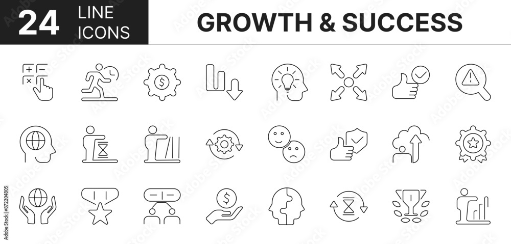 Collection of 24 Growth and success line icons featuring editable strokes. These outline icons depict various modes of Growth and success, brainstorm, progress, finance, graphic, web, Collection of 24 Growth and success line icons featuring editable strokes. These outline icons depict various modes of Growth and success, brainstorm, progress, finance, graphic, web,