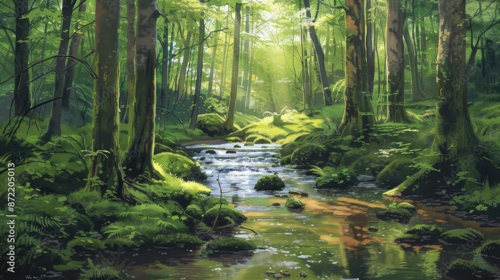 Serene Forest Landscape with Sunlit Canopy and Mossy Stream Serene Forest Landscape with Sunlit Canopy and Mossy Stream