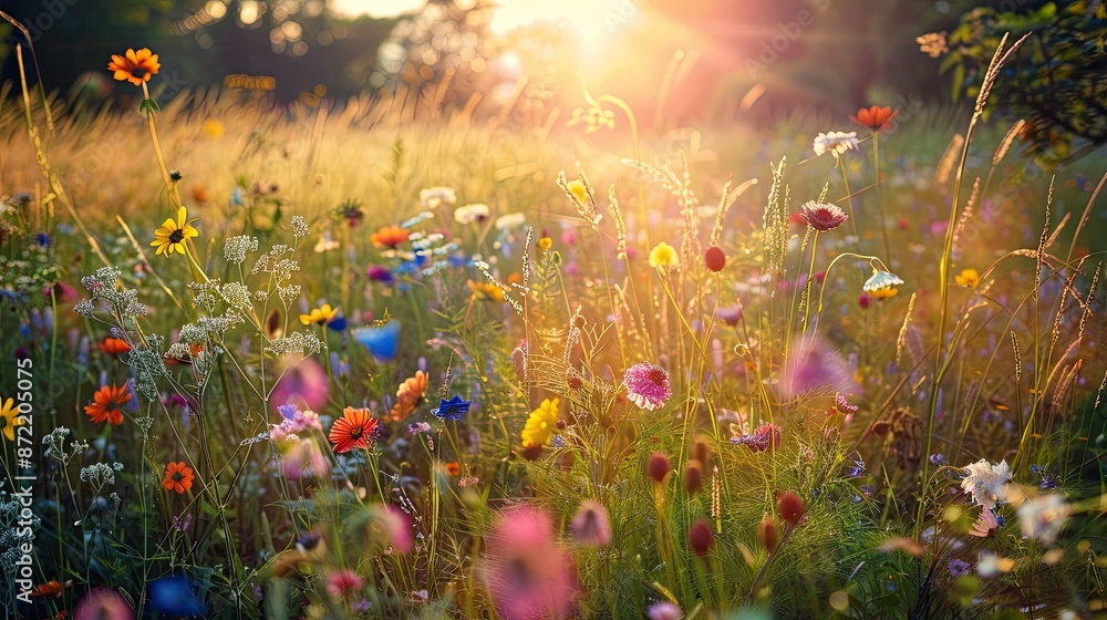 Sprawling Meadow with Vibrant Wildflowers and Warm Golden Light Radiating Through Swaying Tall Grass in Vintage Pictorialist Style Sprawling Meadow with Vibrant Wildflowers and Warm Golden Light Radiating Through Swaying Tall Grass in Vintage Pictorialist Style