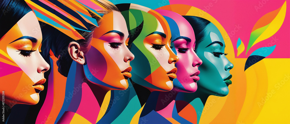 Colorful abstract painting of women's faces. Swirling colors and shapes. Fashion. Glamour. Art. Illustration. Colorful abstract painting of women's faces. Swirling colors and shapes. Fashion. Glamour. Art. Illustration.