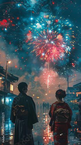 Japanese couple enjoying a fireworks festival in Tokyo at night, immersed in traditional Japanese culture. The scene captures the romance and cultural celebration against the backdrop of a vibrant Tok photo