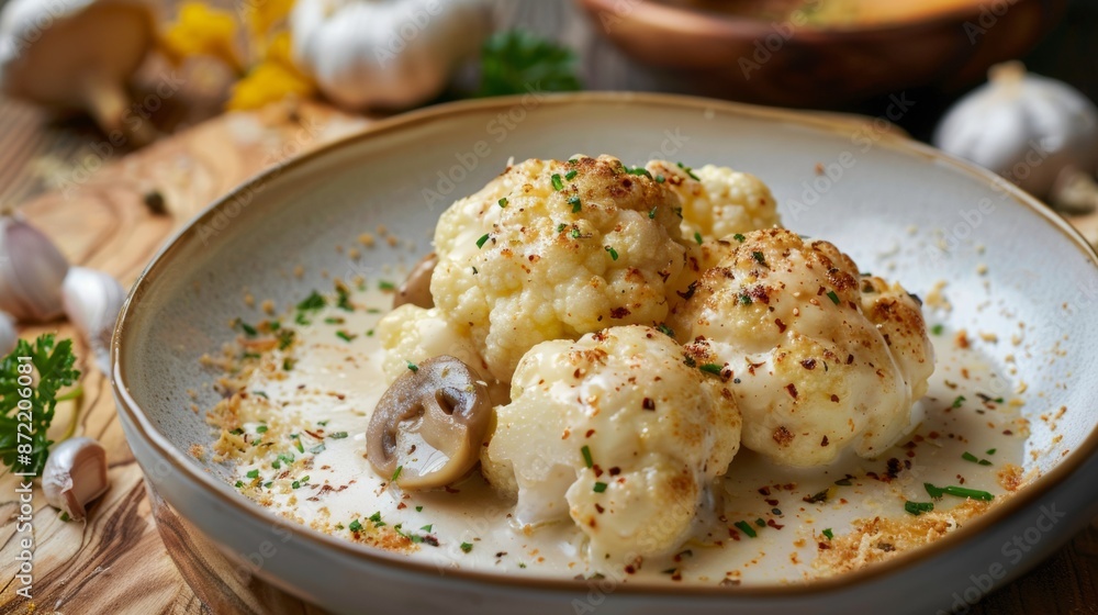 French cuisine. Cauliflower with parmesan, porcini mushrooms. French cuisine. Cauliflower with parmesan, porcini mushrooms.