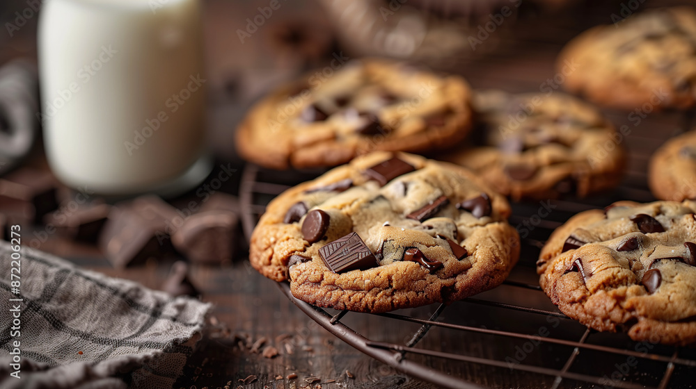 a rich, gooey chocolate chip cookie, with melted chocolate visible, placed on a rustic wire cooling rack with a glass of milk nearby a rich, gooey chocolate chip cookie, with melted chocolate visible, placed on a rustic wire cooling rack with a glass of milk nearby