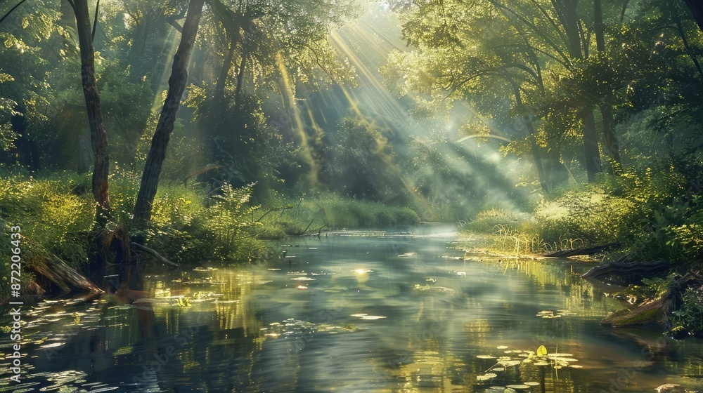 Radiant Outdoor Forest Clearing With Dappled Sunlight and Tranquil Reflecting Stream Radiant Outdoor Forest Clearing With Dappled Sunlight and Tranquil Reflecting Stream