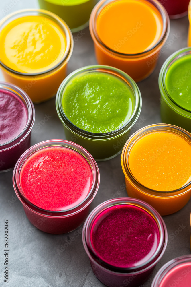 A close-up of colorful fruit purees in small jars, ready to nurture and nourish growing little ones A close-up of colorful fruit purees in small jars, ready to nurture and nourish growing little ones