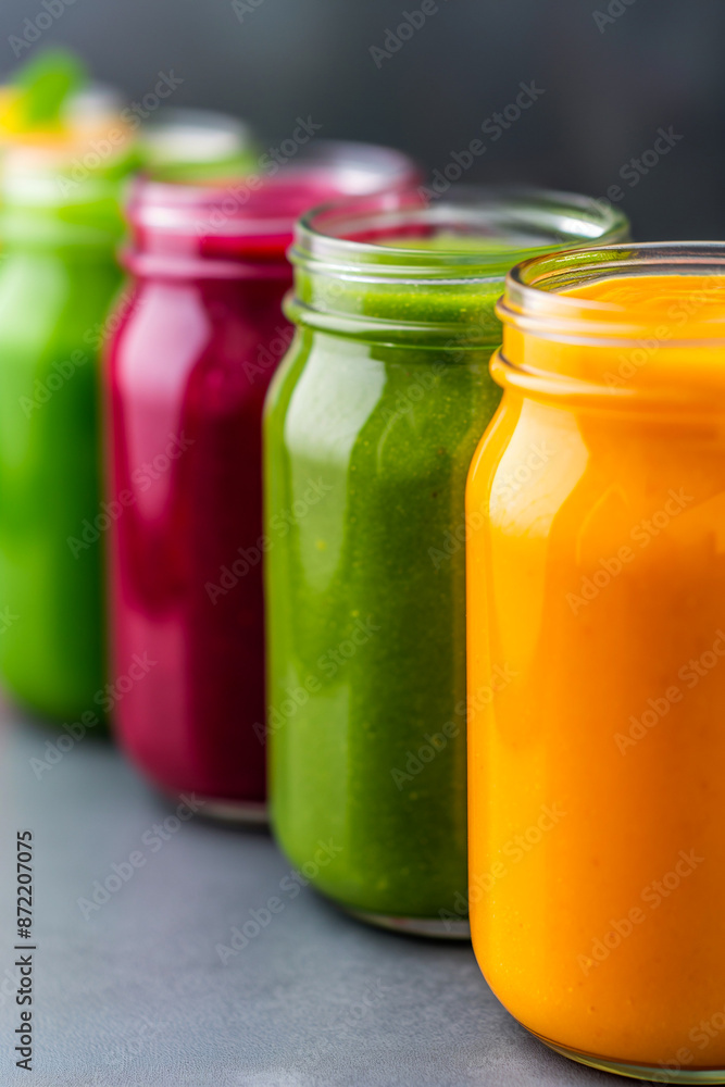 A close-up of colorful fruit purees in small jars, ready to nurture and nourish growing little ones A close-up of colorful fruit purees in small jars, ready to nurture and nourish growing little ones