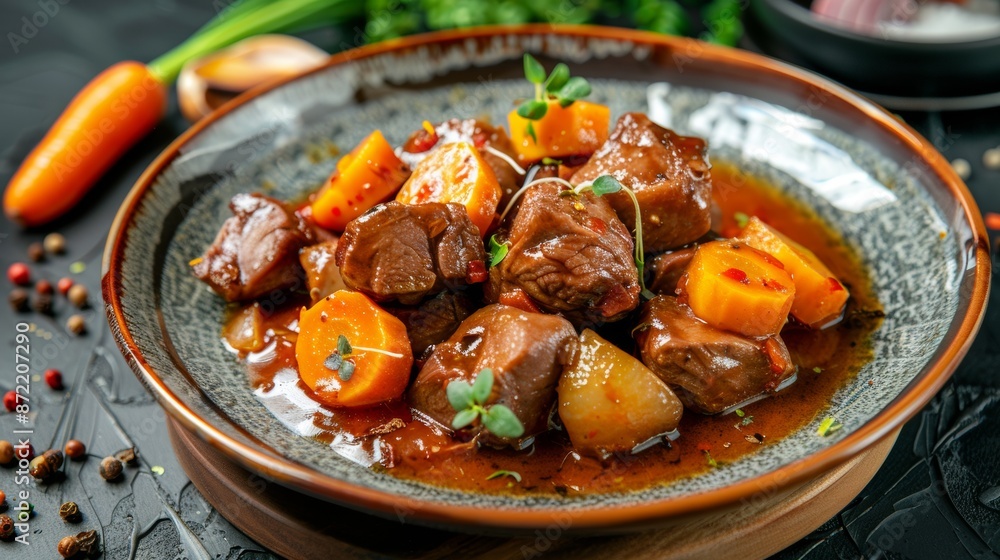 French cuisine. The cheeks of a calf, languishing in demiglas. French cuisine. The cheeks of a calf, languishing in demiglas.