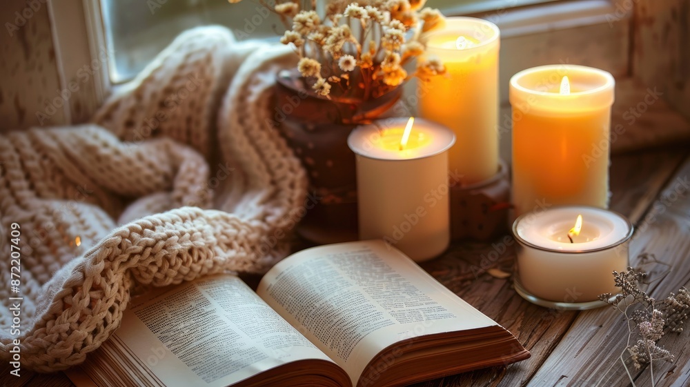 Home comfort with a book, candles, and a knitted blanket. Home comfort with a book, candles, and a knitted blanket.