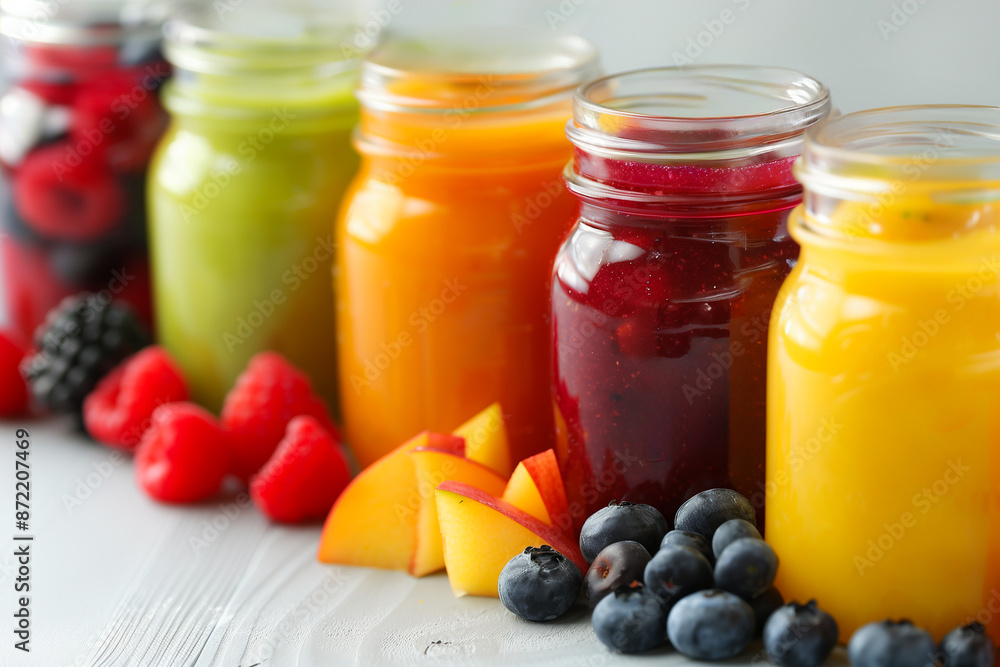 A close-up photo of various homemade fruit purees in colorful jars, providing nutritious options for babies palates A close-up photo of various homemade fruit purees in colorful jars, providing nutritious options for babies palates