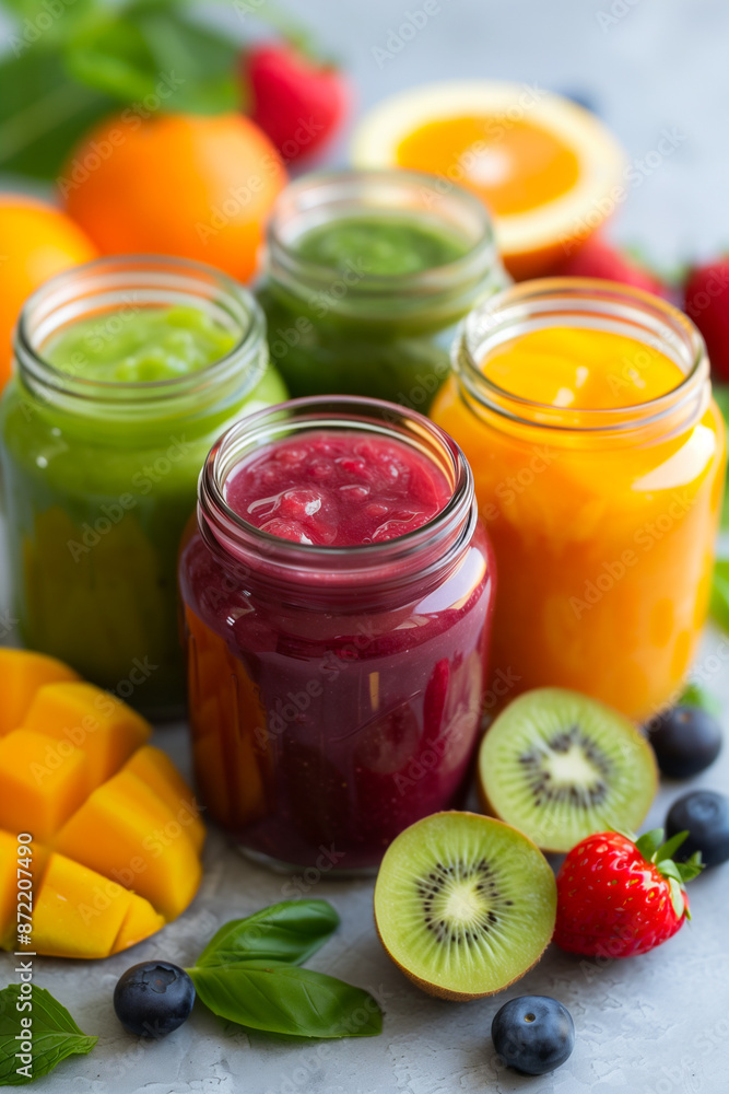 A close-up photo of various homemade fruit purees in colorful jars, providing nutritious options for babies palates A close-up photo of various homemade fruit purees in colorful jars, providing nutritious options for babies palates