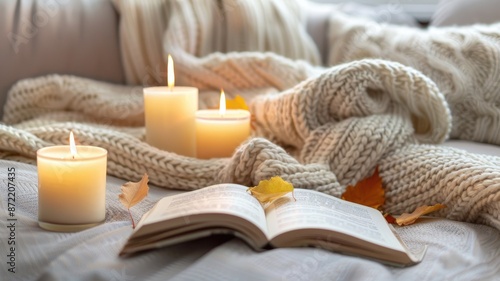 Wallpaper Mural Cozy home setting with a book, candles, and a knitted blanket. Torontodigital.ca