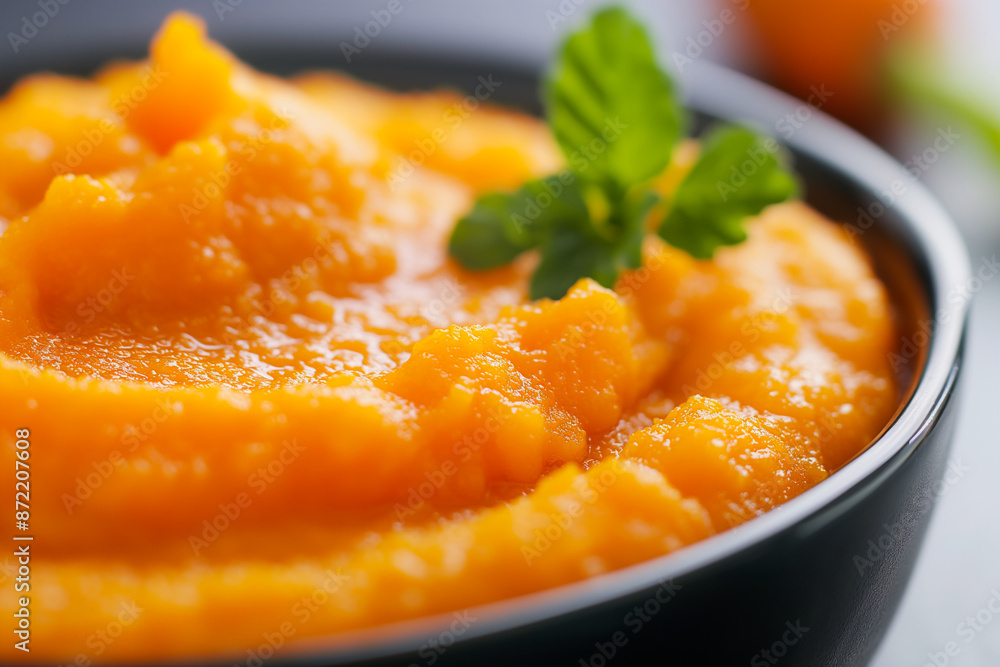 A close-up shot of a bright orange puree, perfect for introducing carrots to babys diet A close-up shot of a bright orange puree, perfect for introducing carrots to babys diet