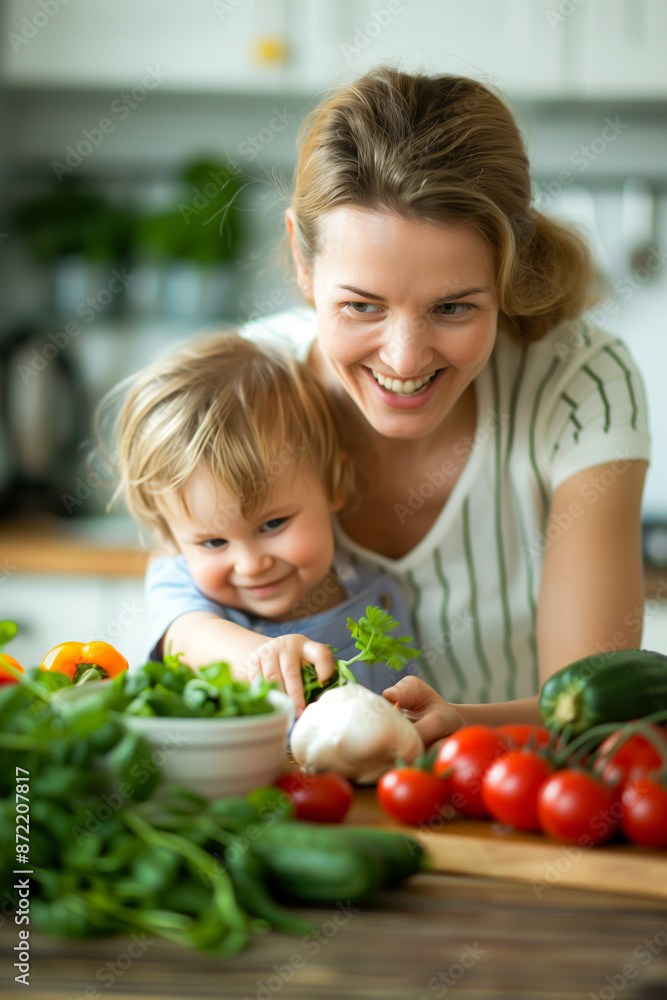 A close-up shot of a smiling mother preparing a healthy meal for her baby using fresh, organic ingredients A close-up shot of a smiling mother preparing a healthy meal for her baby using fresh, organic ingredients