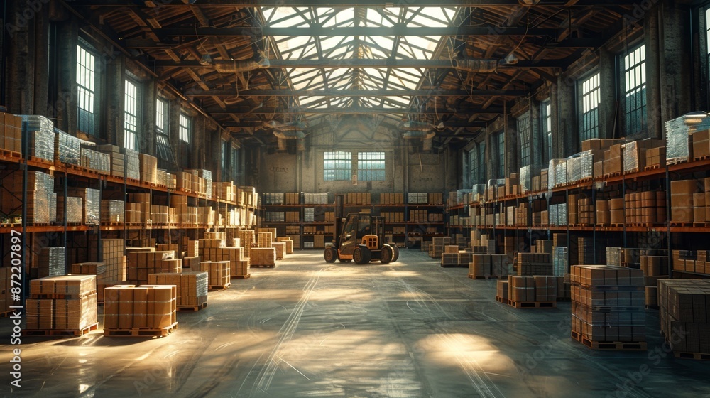 Spacious Industrial Warehouse with Pallets and Forklift - Generative AI Spacious Industrial Warehouse with Pallets and Forklift - Generative AI