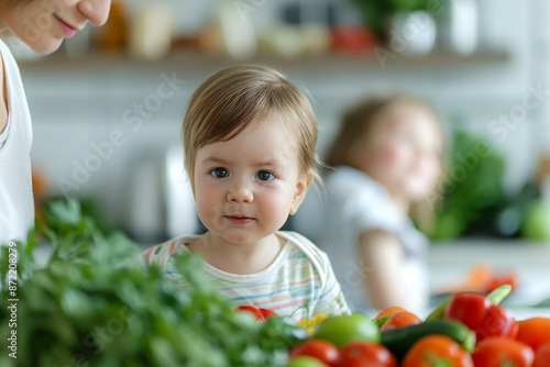 A loving mother carefully selects fresh, organic fruits and vegetables to prepare homemade baby food for her little one 