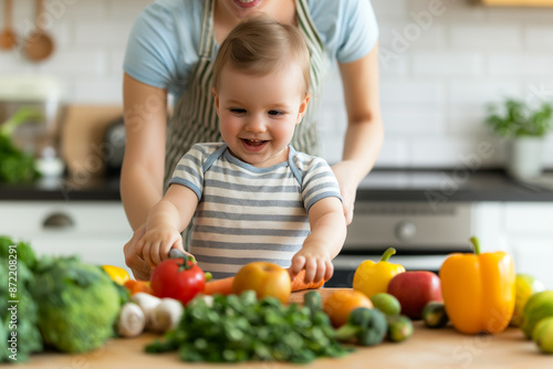 A loving mother carefully selects fresh, organic fruits and vegetables to prepare homemade baby food for her little one 