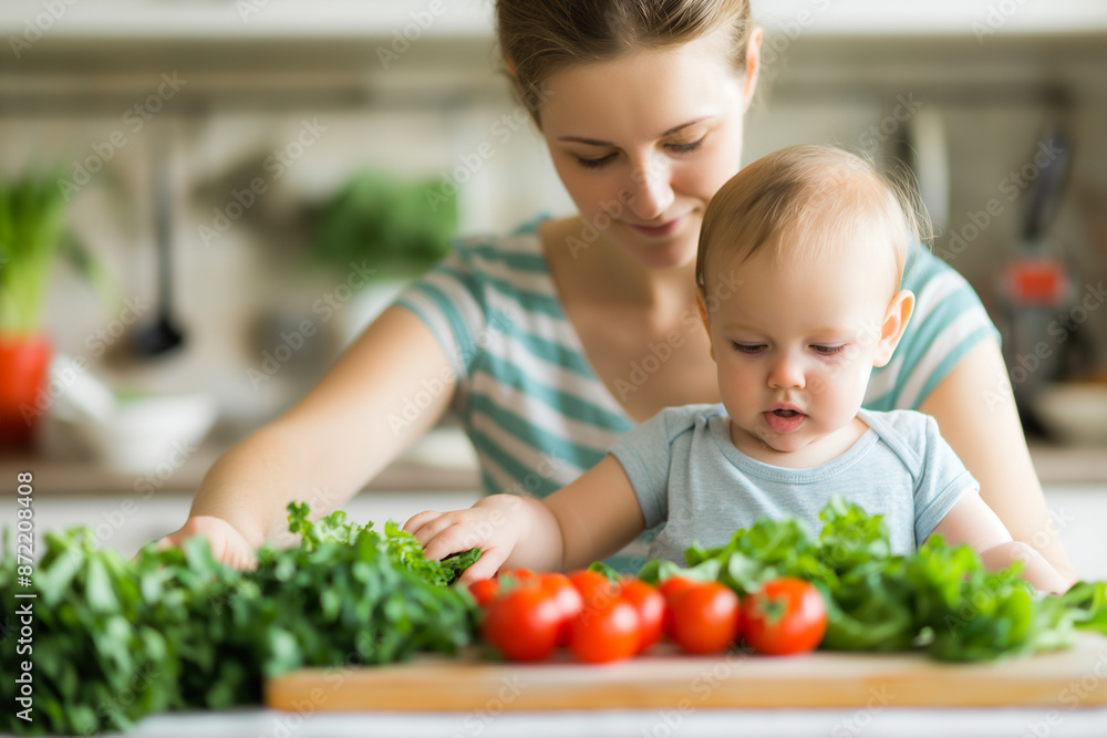 A mother lovingly prepares a delicious organic baby meal, using fresh ingredients grown in her own backyard garden A mother lovingly prepares a delicious organic baby meal, using fresh ingredients grown in her own backyard garden