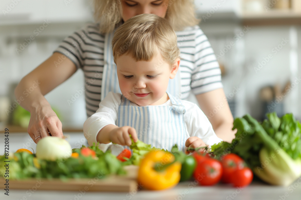 A mother lovingly prepares homemade organic baby food, blending fresh fruits and vegetables with care and creativity A mother lovingly prepares homemade organic baby food, blending fresh fruits and vegetables with care and creativity