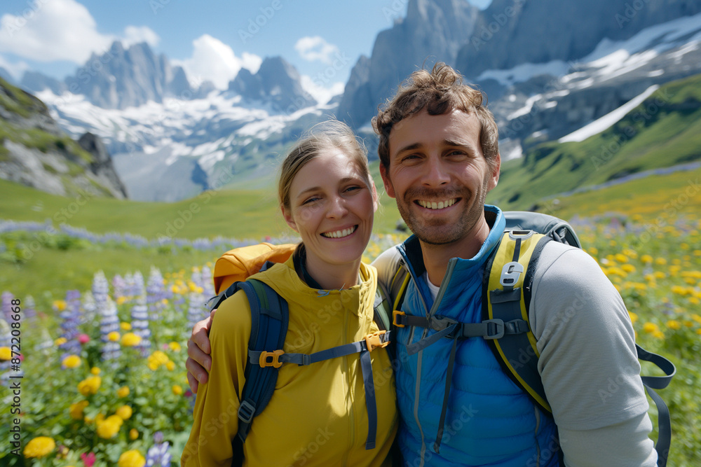 A smiling couple in hiking gear embracing with flower-filled meadow and rocky peaks in summer mountains A smiling couple in hiking gear embracing with flower-filled meadow and rocky peaks in summer mountains