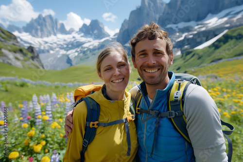 A smiling couple in hiking gear embracing with flower-filled meadow and rocky peaks in summer mountains 