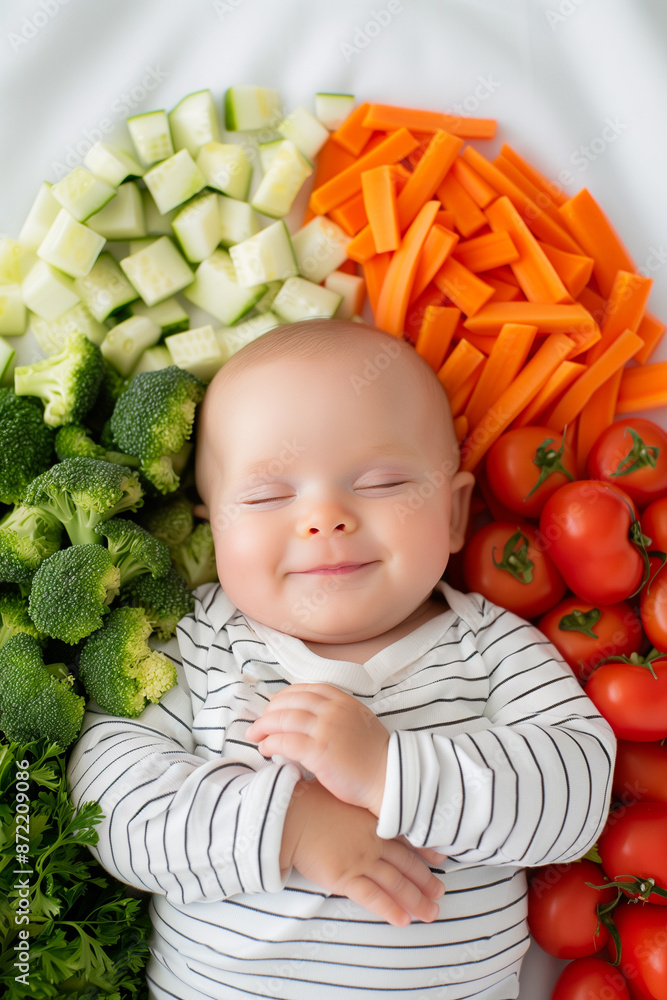 An adorable baby peacefully surrounded by an array of colorfully packaged and delicately prepared wholesome food options An adorable baby peacefully surrounded by an array of colorfully packaged and delicately prepared wholesome food options
