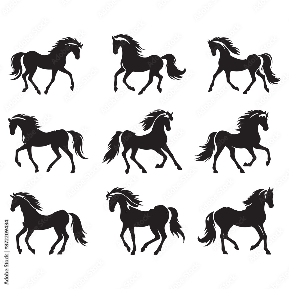 Set of horse silhouettes isolated on a white background, Vector illustration. Set of horse silhouettes isolated on a white background, Vector illustration.